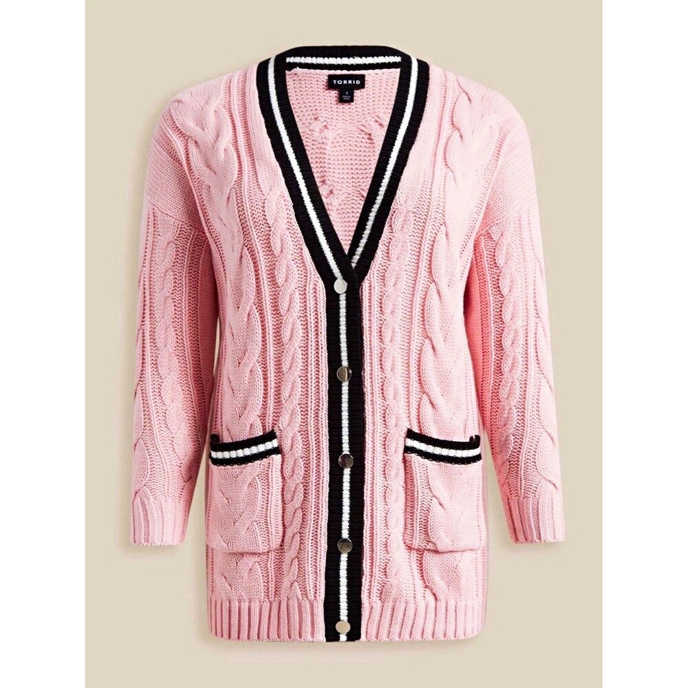 Torrid Pink Cable-Knit V-Neck Button Front Cardigan Sweater Pockets Size 3
